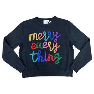 Queen of Sparkles Women's Glitter Script Merry Everything Black Sweater - Size S